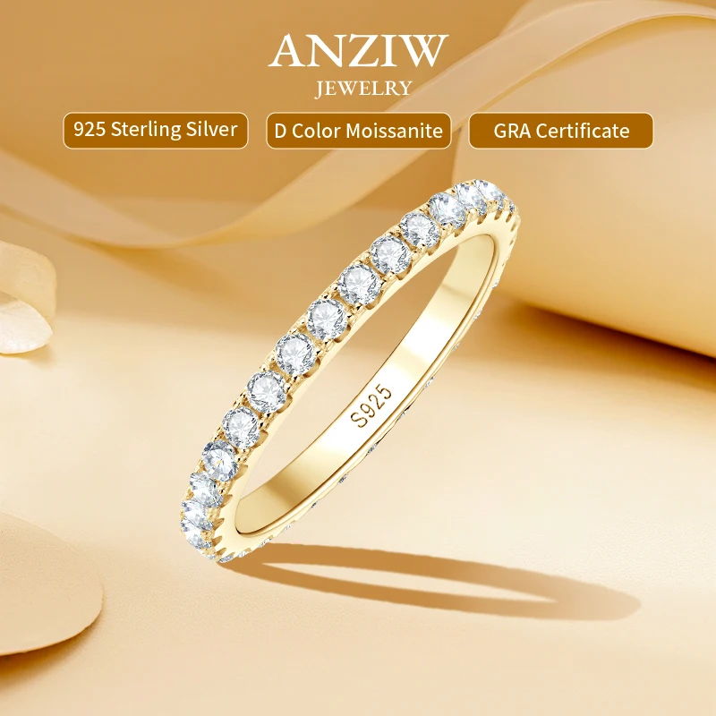 

Classic 925 Sterling Silver Full Eternity Ring 2mm D Moissanite Rings Stackable Finger Bands for Women 18k Gold Plated Jewelry