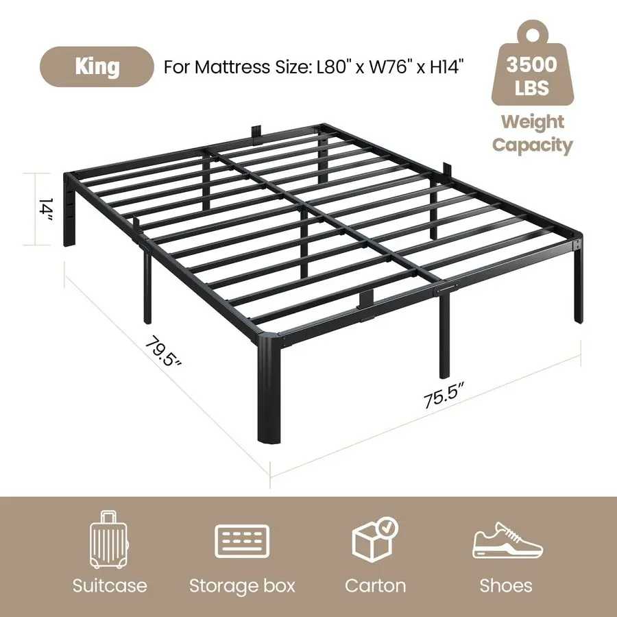 

Metal Bed Frame King Size, 14 Inch 3500 lbs Heavy Duty Platform Bed Frames Steel Slats Noise Free No Box Spring Needed, Easy As