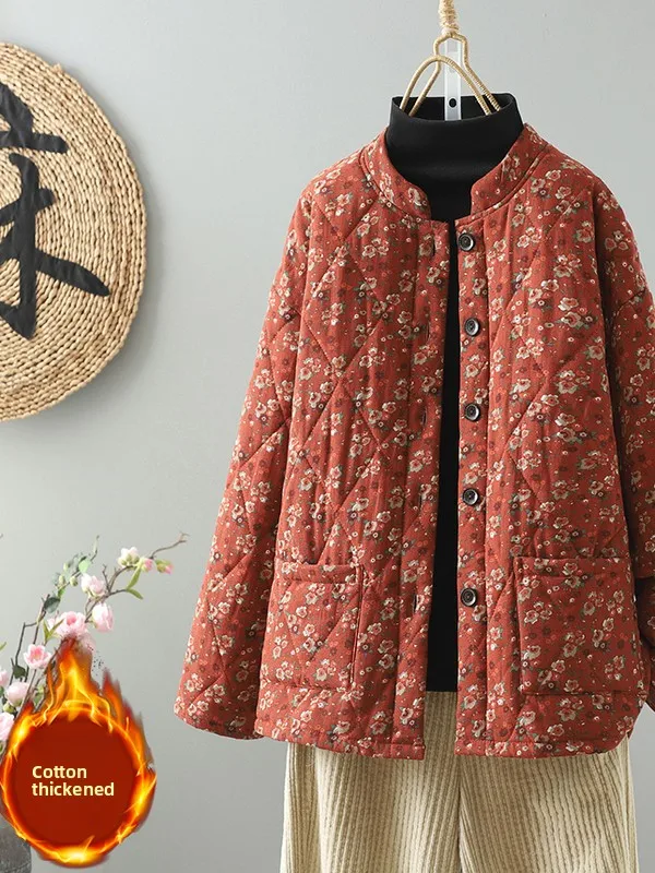 

Retro Floral Cotton Jaet for Middle-Aged Women Warm Stand Collar Single Button Thiened Winter Top Comfortable Cotton Vest