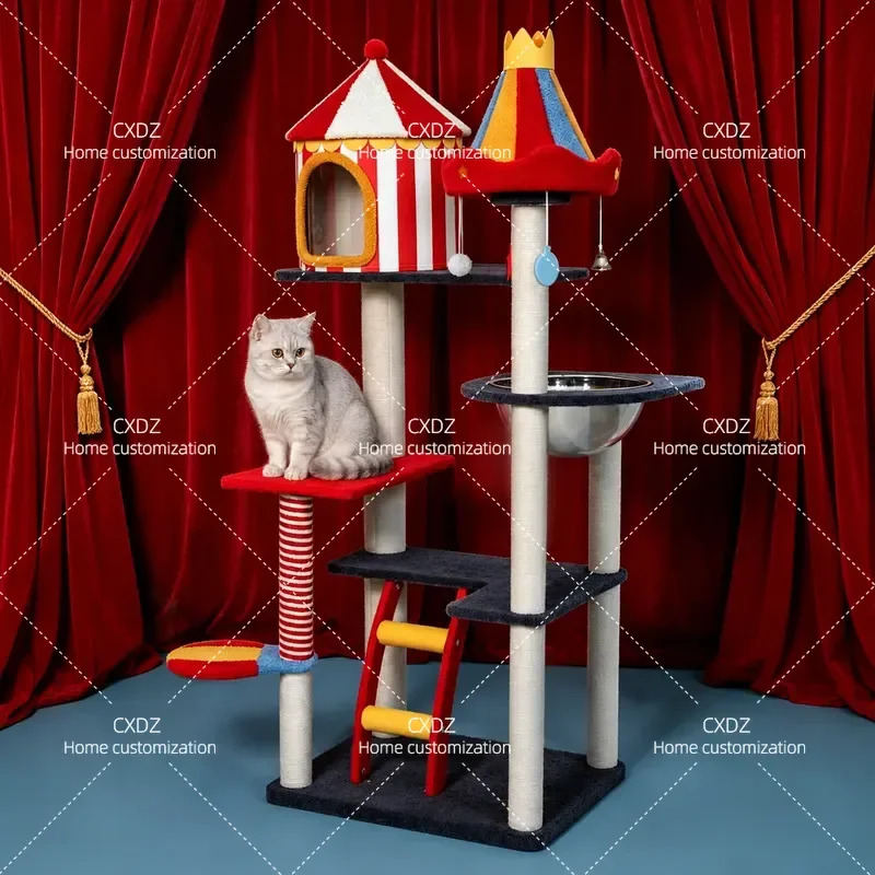 Rotatable Cat Tree with Scratching Posts and Nest Integrated Climbing Frame Jumping Platform Space Saving Multi Cat Activity
