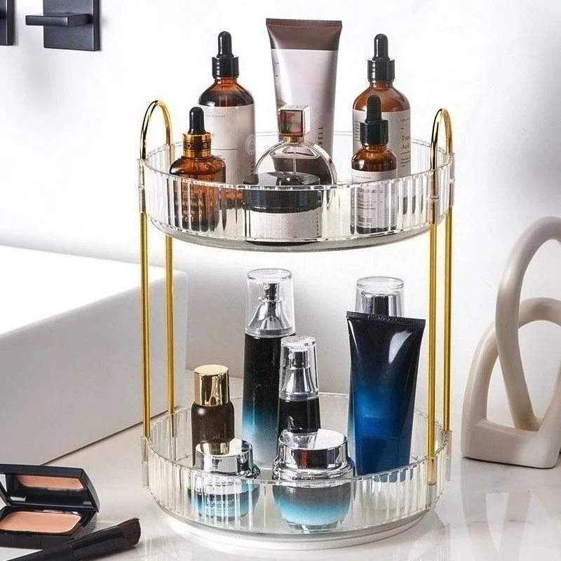 

360° Rotating Cosmetic Organizer, Transparent Acrylic Vanity Shelf with Modular Trays, Stackable Makeup Storage for Skincare