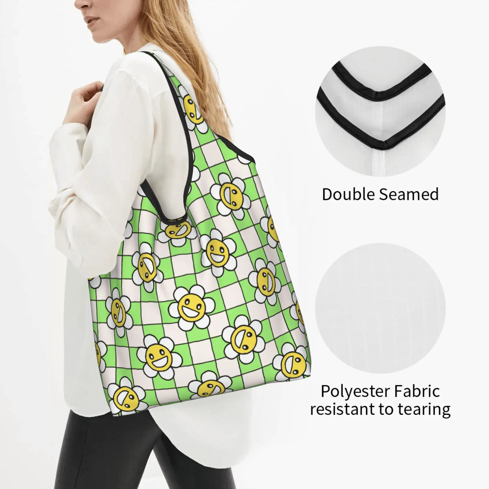 Funny Happy Face Daisy Flower   Shopping Tote Bag Portable Green Checkered  Groceries Shopper Shoulder Bag