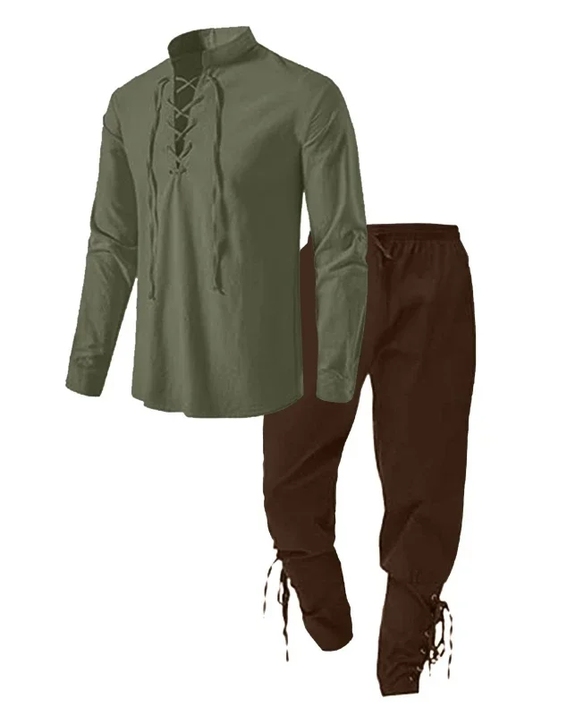 2 Stuks Retro Vintage Middeleeuwse Renaissance Cosplay Kostuum Outfits Piraat Viking Halloween Casual Dagelijks LARP Ren Faire Shirt Broek