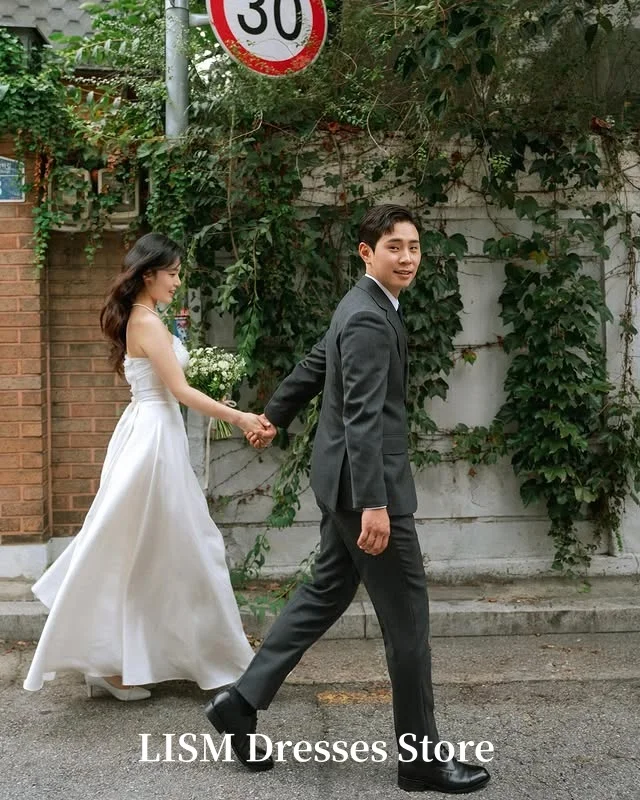 LISM Strapless A-Line Korea Wedding Dresses Simple Silk Satin Customized Elegant Long Bridal Gowns 웨딩드레스 Photo Shoot