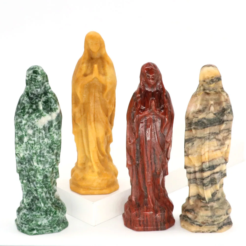 Natural Stone Virgin Mary Statue Healing Crystal Carved Religious Blessed Mother Figurine Home Madonna Jesus Sculpture DecorGift