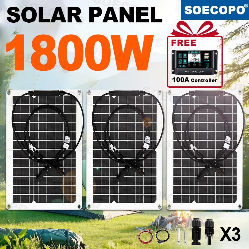 

SOECOPO 1800W Free 100A Controller Camping Solar Panel Kit 3*600W Panels Controller USB 5V Great for Camping Equipment Outdoor