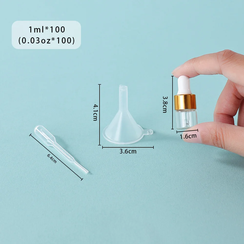 100 peças 1ml tampa dourada frascos conta-gotas vazios de vidro conjunto com 24 pipetas 24 funis-garrafas recarregáveis à prova de vazamento para cosméticos de essência
