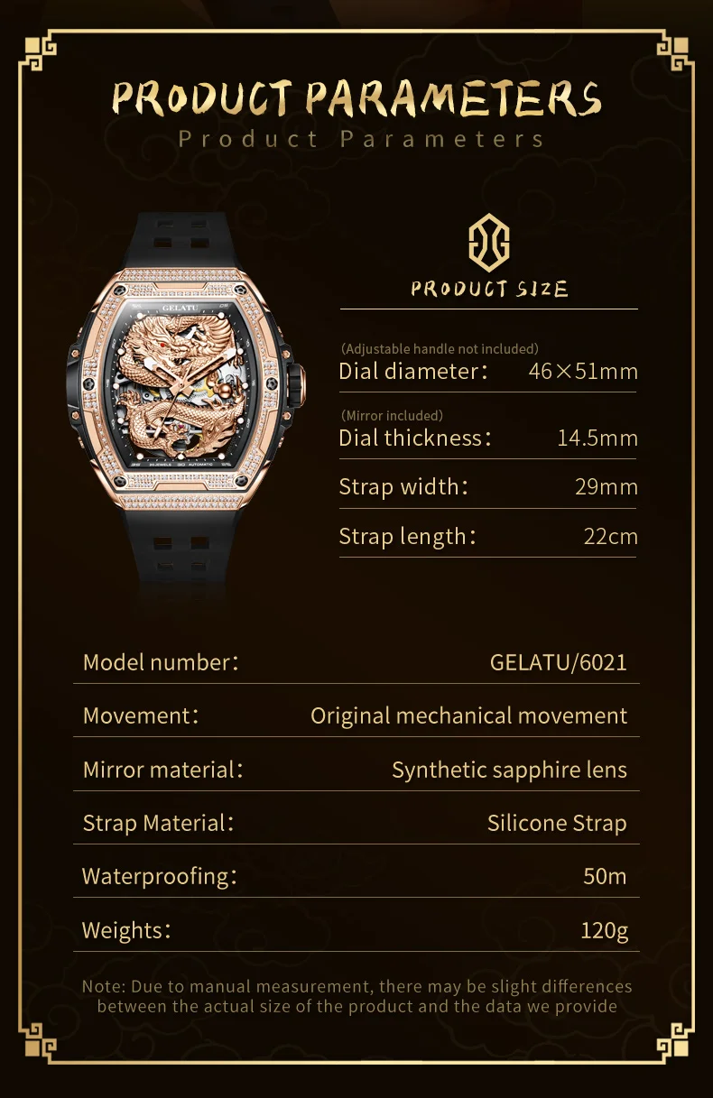 GELATU 6021 Full Diamond Watch Men Deep Waterproof 3D Skeleton Dragon Dial TOP Brand Automatic Mechanical Watch for Man NEW