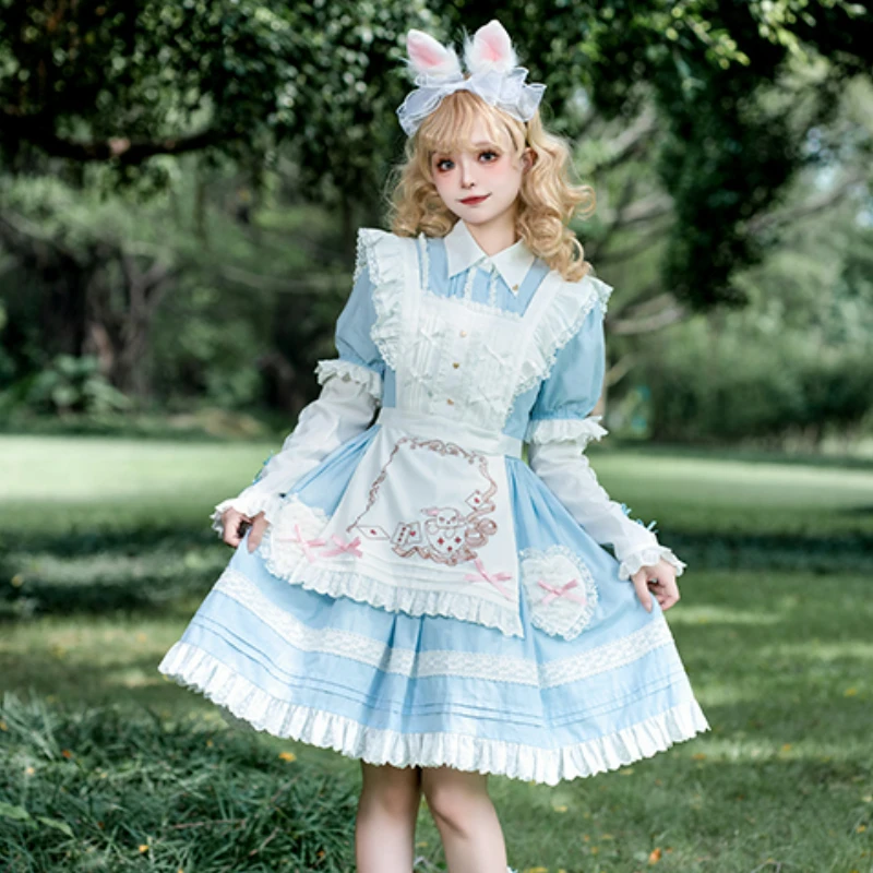 

Japanese Sweet Lolita Op Dress Victorian Women Kawaii Bow Bunny Flower Embroidery Dresses White Apron Long Sleeve Princess Dress