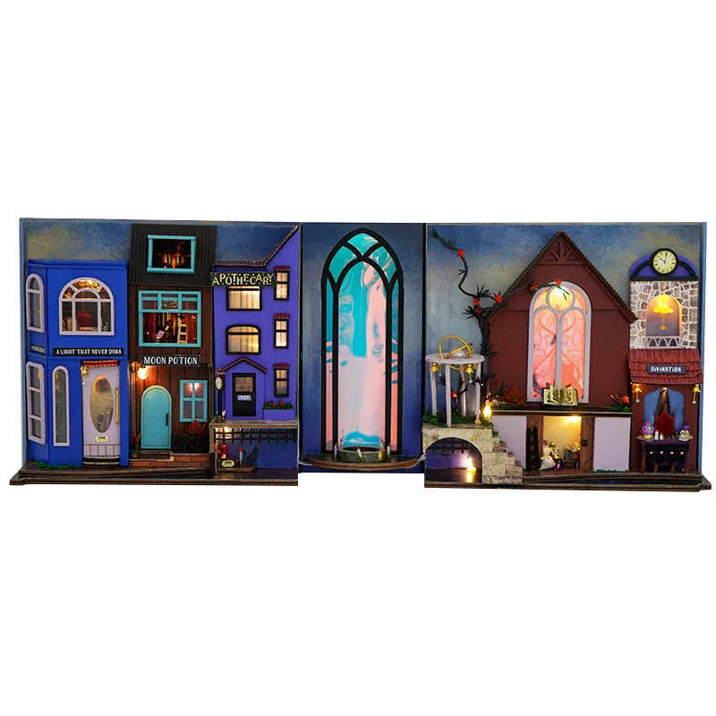 DIY Book Nook Wooden Miniature Model Kit Magic Bookstand Casa Bookend 3D Puzzle With Light Bookshelf Home Decor Friends Gifts