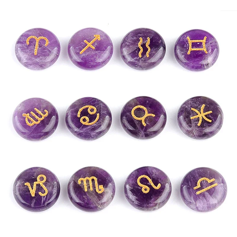 12 Pieces Mini Size Round Natural Chakra Semi-precious Stone Amethyst Quartz Crystal Reiki Healing Zodiac Constellation Symbols