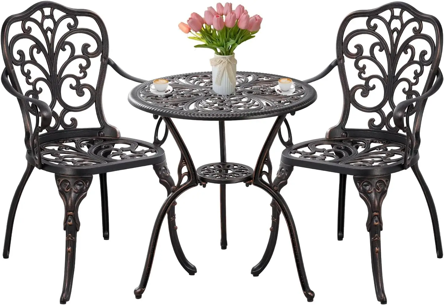 

Bistro Set 3 Piece Outdoor Bistro Table and Chair Set of 2 Cast Aluminum Patio Furniture with Umbrella Hole,Patio Bistro Table S