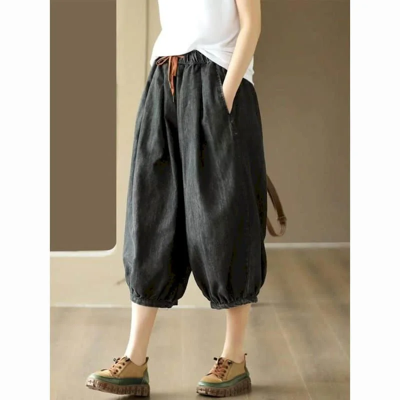 Baggy Jeans Women Oversized Casual Loose Lantern Calf Length Pants Vintage Artistic Elastic Waisted Streetwear Women Clothing