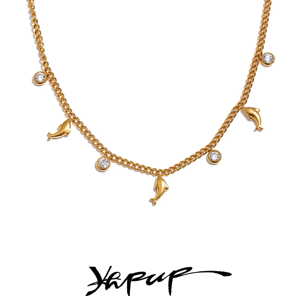 Yhpup Fashion Zirconia Heart Bow Beach Drop Necklace 18K Golden Plated Stainless Steel Collarbone Chain Arrivals Collar Jewelry