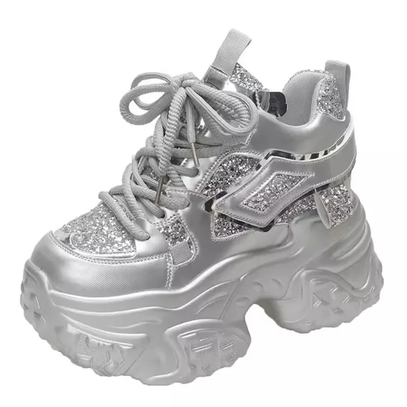 

Pop Platform Bling Sequine Sneaker Boots 9cm Height Increasing Lace Up Autumn Winter Women Shoes Thick Botton Sole Boots
