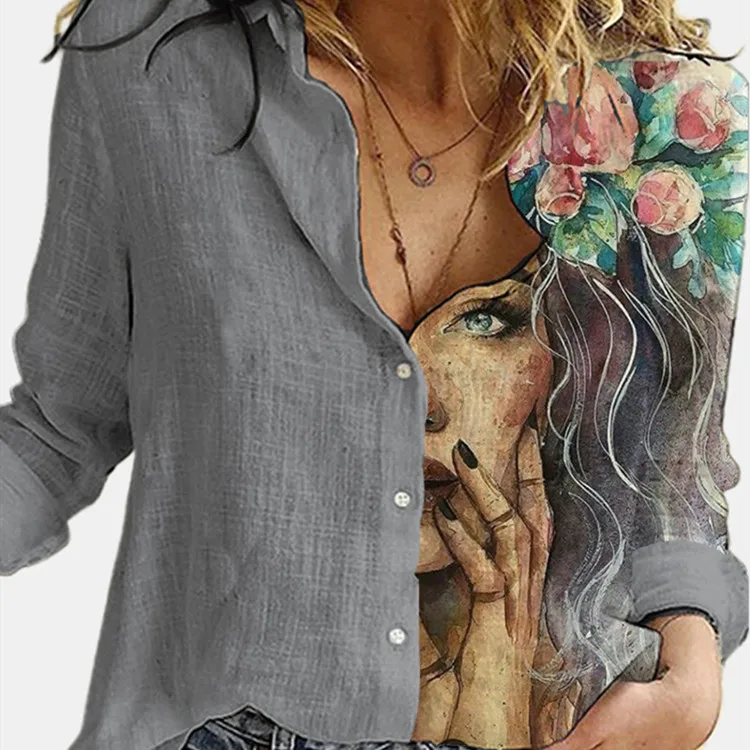 Damska długa bluzka z rękawami do połowy ramienia, elegancka, do pracy, z nadrukiem, łączona, o prostym kroju, zapinana na guziki, okrągły dekolt, długość do kolan, jednolita kolorystycznie.