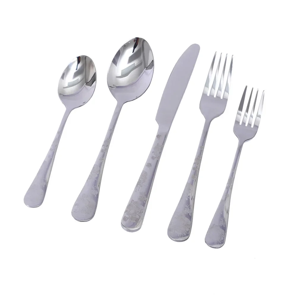 Black Creative Carved Rose Skeleton Skull Stainless Steel Tableware Set with Knife, Fork, Spoon, Five Piece Dinnerware  Set