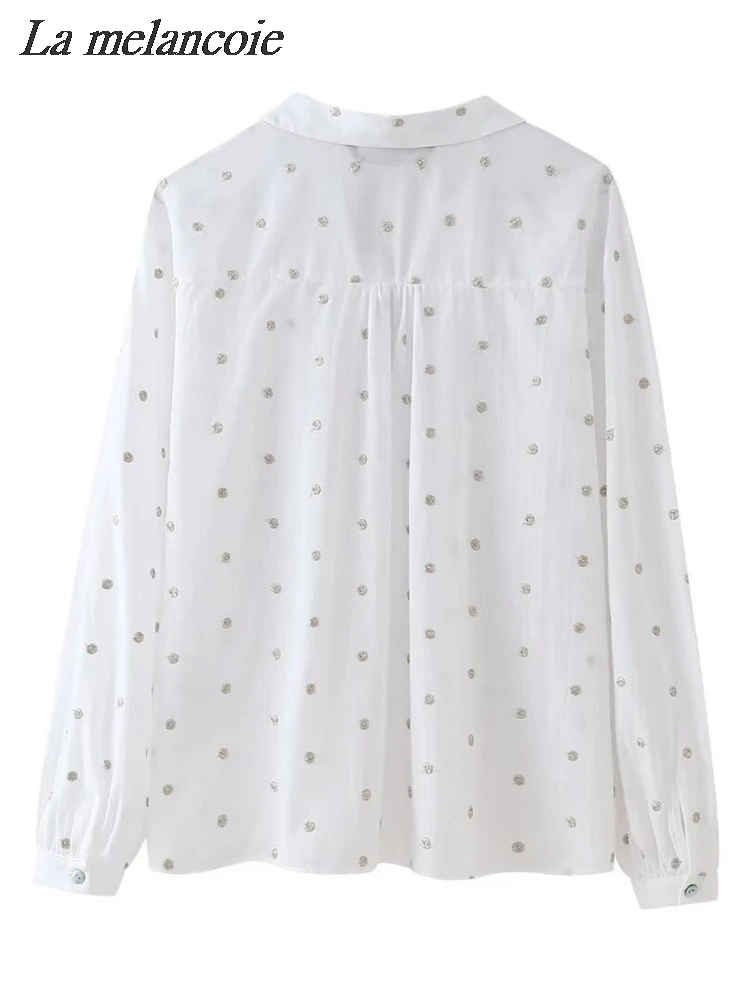 Blouses For Women Metal Line Polka Dot Casual Loose Shirts 2024 New Fashion Turn Collar Long Sleeve Shirts Button Up White Tops