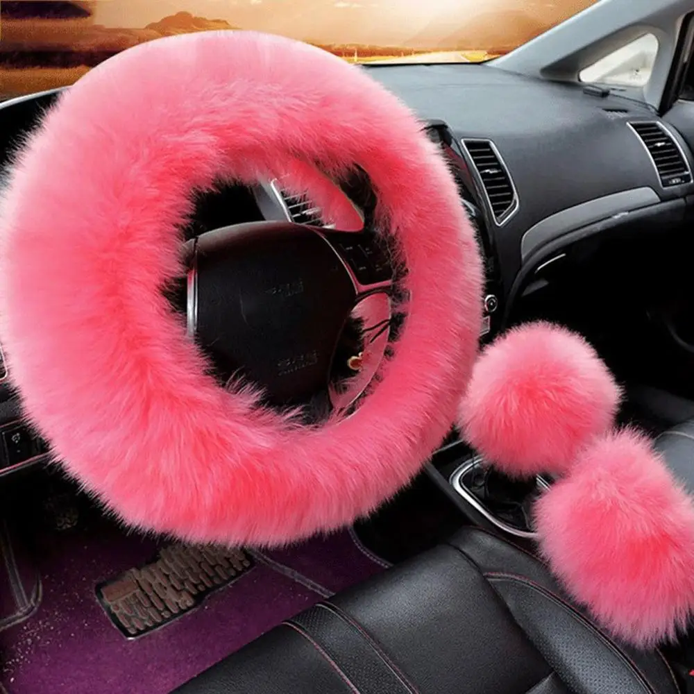 

3PCS Fur Steering Wheel Cover Set Real Sheepskin Auto Plush Warm Fluffy Fuzzy Car Accessories for Women Girl