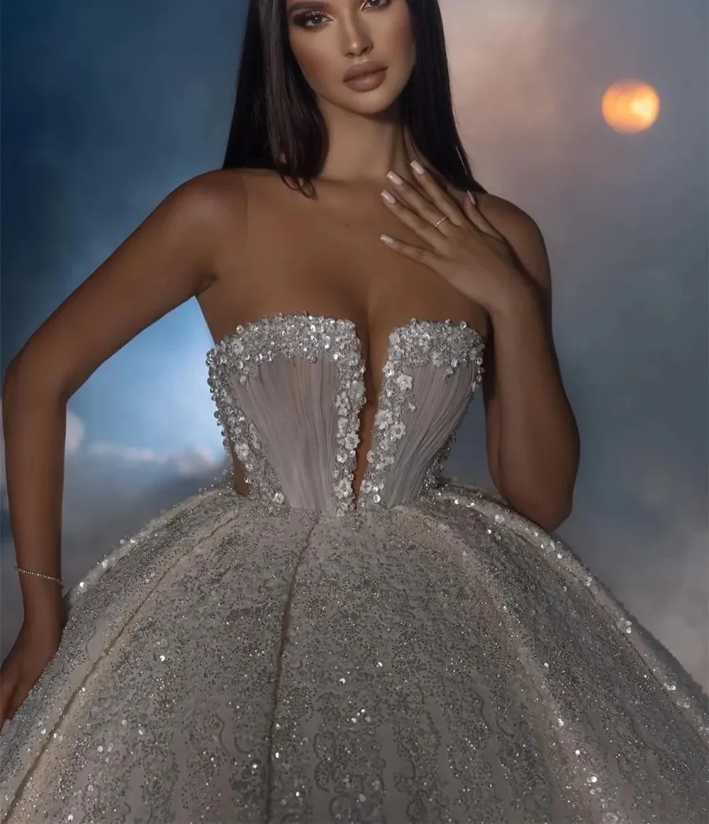 Luxurious Sequins Champagne Wedding Dresses 2026 Strapless Beaded Sequin 3D Flowers Dubai Arabic Puffy Bridal Bride Dress