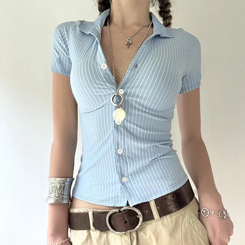 

Sweetown Blue Stripe Short Sleeve Shirts For Women Summer Button Up Turn Down Collar Slim Simple Casual Preppy Tops Basic Tees