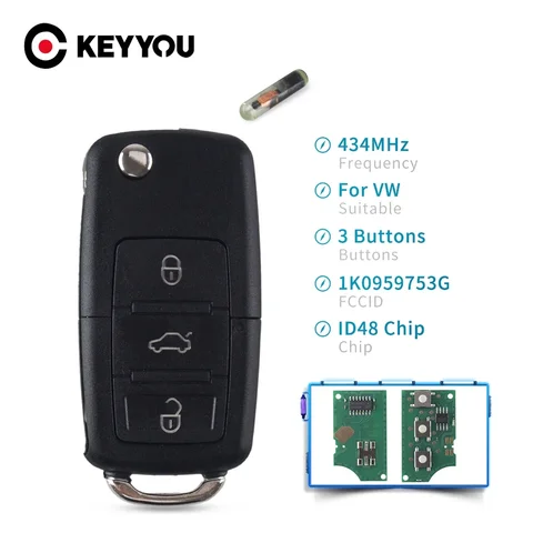 KEYYOU 433 МГц откидной корпус дистанционного ключа для VW Golf Passat Polo Jetta Touran Bora Sharan 1J 0959753 DA 1J 0959753 AH 1K 0959753 Г ID48
