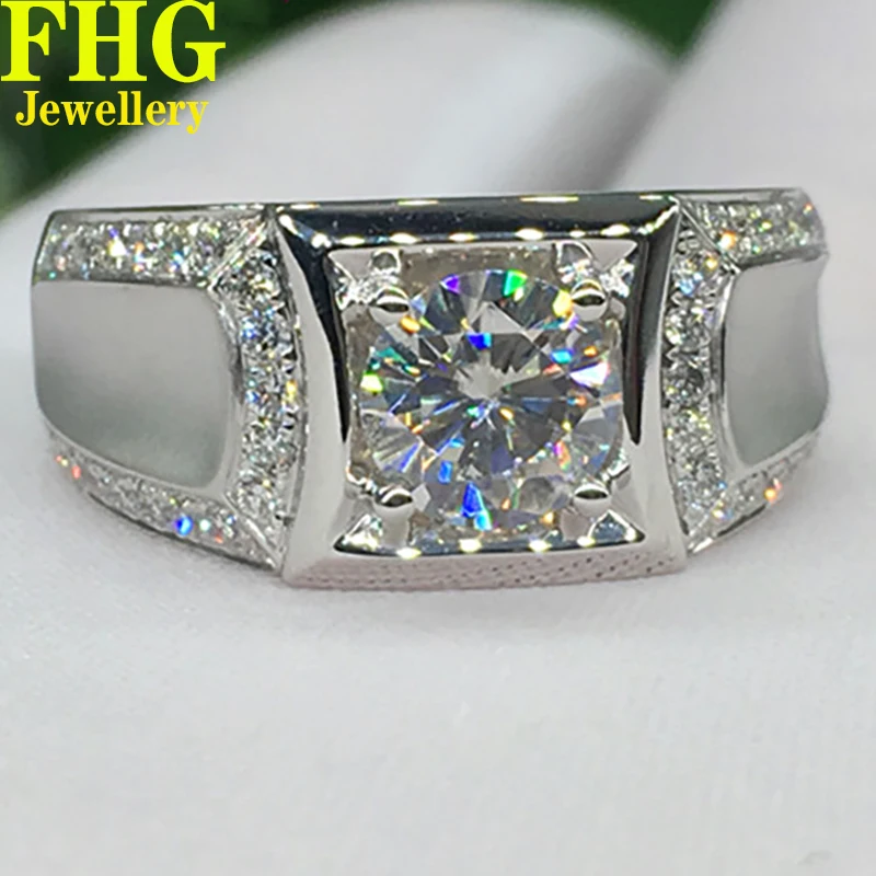 

Solid 9K Au375 White Gold Men Ring DVVS1 Moissanite Diamonds 1 2 3Carat Round Wedding Party Engagement Anniversary Ring