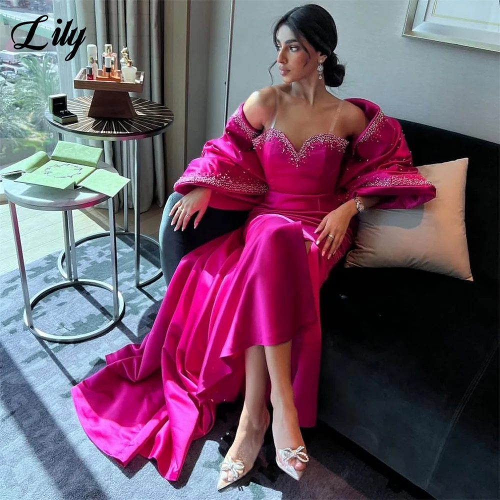 

Lily Hot Pink Evening Dress Sweetheart Party Dresses Oversized Cape vestidos de fiesta with Beaded Trim Prom Gowns Customized