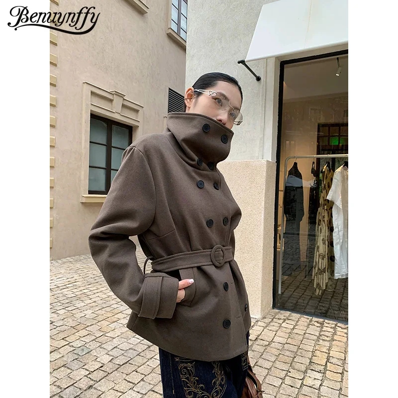 

Benuynffy однотонное шерстяное пальто с поясом и длинными рукавами для женщин, осень-зима 2022, новые двубортные короткие куртки с воротником-стойкой, топ