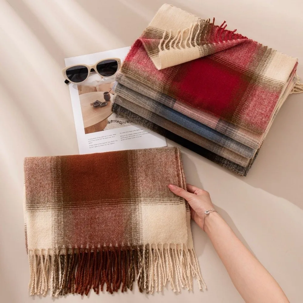Durable Preppy Style Women's Winter Scarf Soft Cozy Preppy Plaid Scarf Long Tassel Fringe Checkered Shawl Winter Outfit