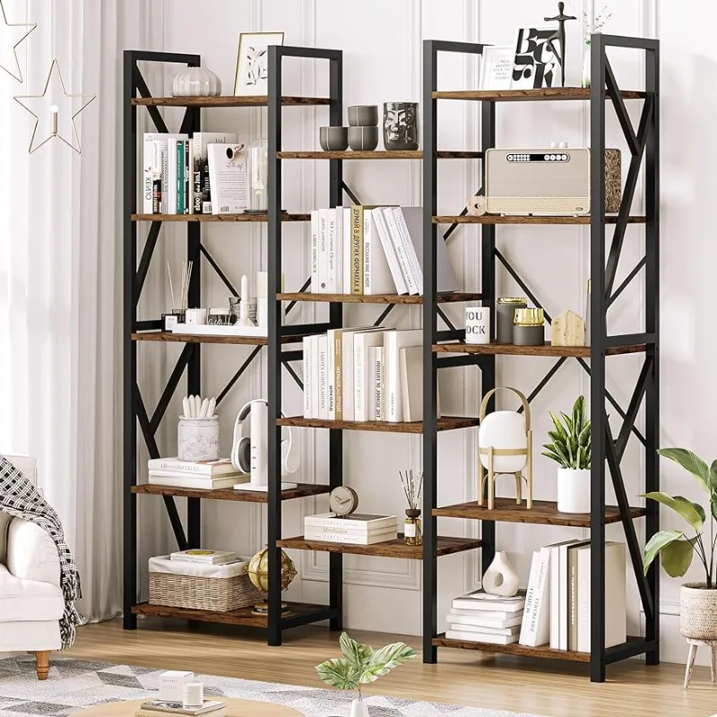 3 Width 5 Tier Bookcase, High Bookcase with Open Display Stand, Bookcase with Metal Frame, Rustic Brown