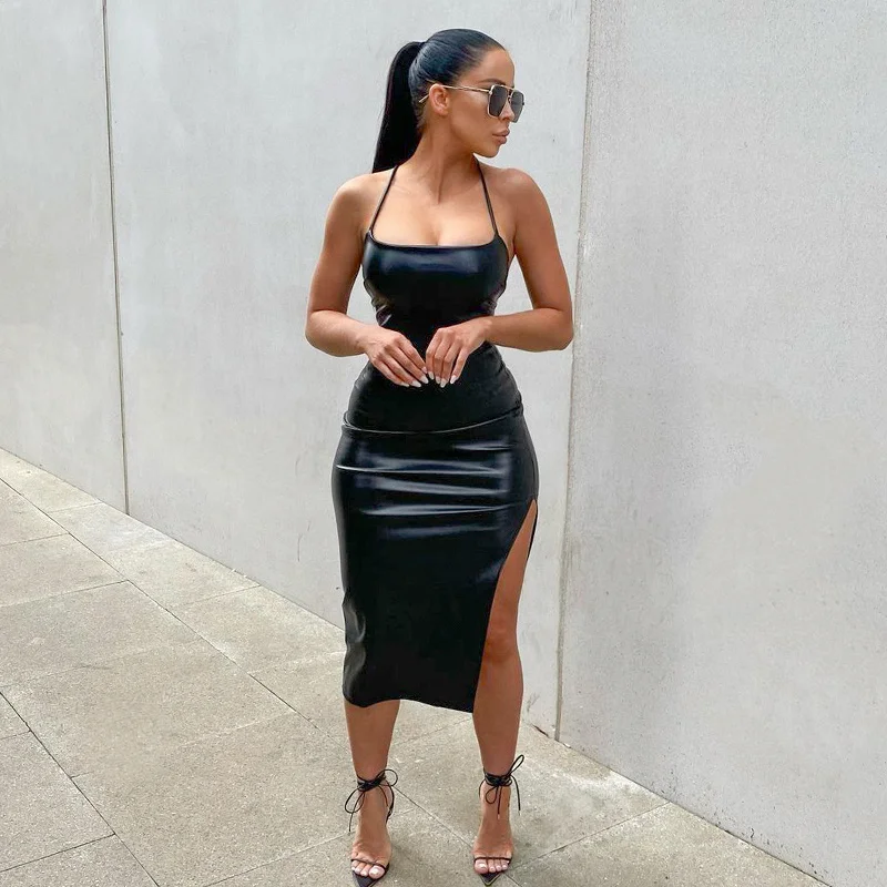 

Women Bustier Dress PU Leather Black Sexy Party Clubwear Female Vestidos Off Shoulder Halter Backless Lace-up Side Split y2K