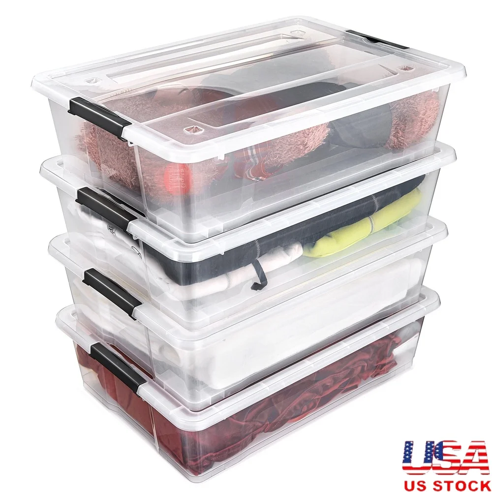 

4 Pack Clear Stackable Underbed Storage Bins with Lids and Handles Clothes Bedding Shoes Organizing Home Garage Office