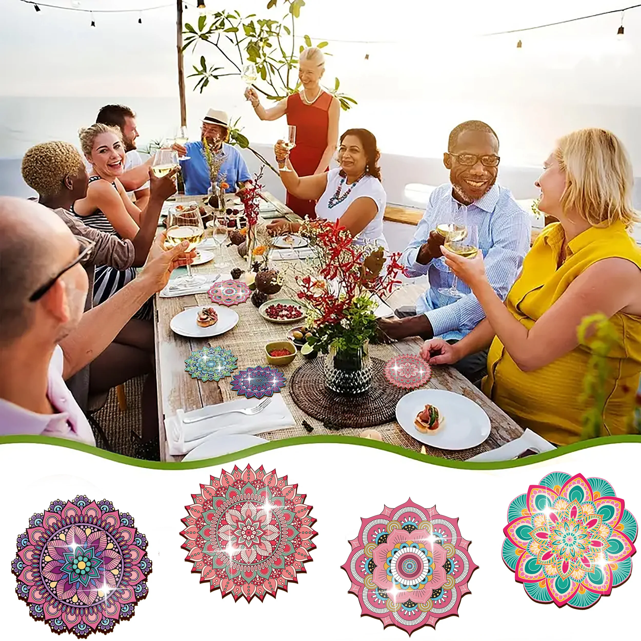 طقم قاعدة أكواب خشبية بتصميم زهور جميلة مكون من 6 قطع - حصيرة مشروبات مزخرفة مقاومة للحرارة للقهوة والشاي وما إلى ذلك. - مثالي للمنزل