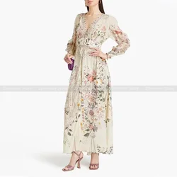 Australian niche noblewoman early fall printed V-neck long-sleeved high waisted silk dress long dress