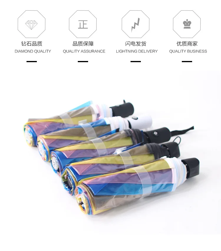 Transparent Windproof Umbrella Rainbow Color Travel Women Three Folding Clear Automatic Rain Umbrellas Girl Gifts Parasol