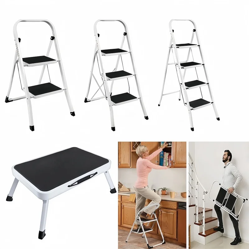 Lucn Escalera de taburete plegable de acero de 1-4 escalones | Taburete antideslizante y resistente | Garaje de cocina casera | Almacenamiento compacto anticaída