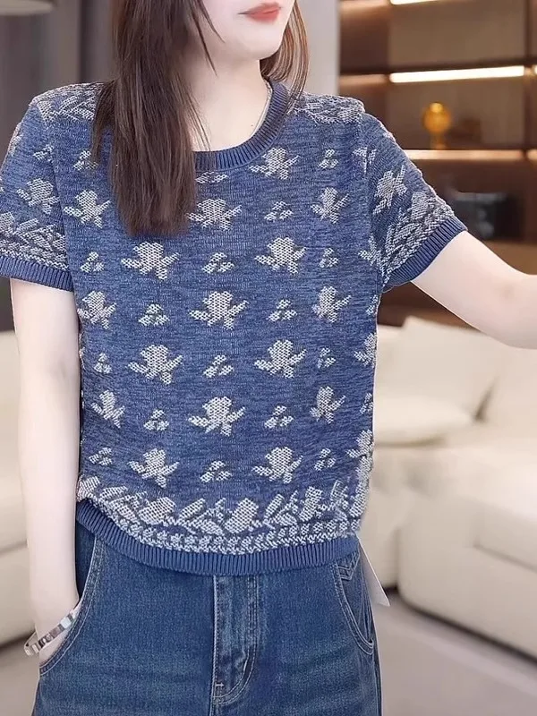 

Blue Knitted Loose Short Sleeve T-Shirt Women plus Size Summer Fashionable Vintage Loose Slimming High-End Feeling Top