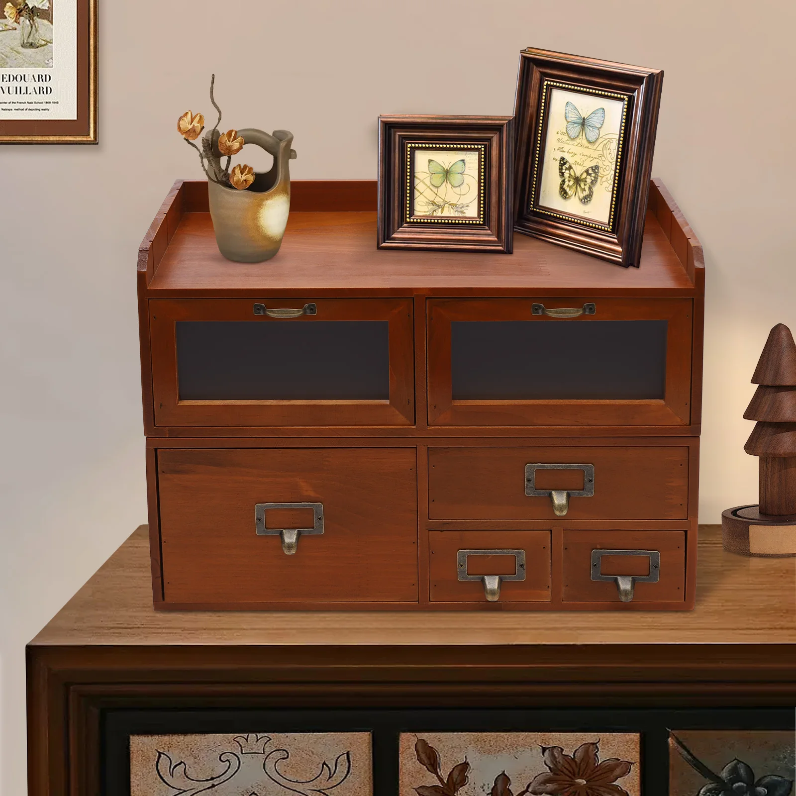 

Brown Pine 18.5x8.66x12.6 Inch Six-grid Desktop Storage Box Transparent Door Locker