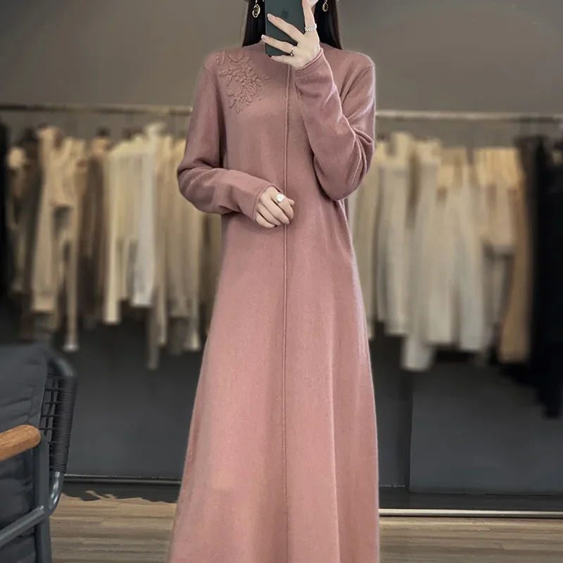 Women\'s Cashmere Sweater Dress Long Knee-Length Wool Long Skirt round Neck Embroidered Slim Knit Autumn Fashion