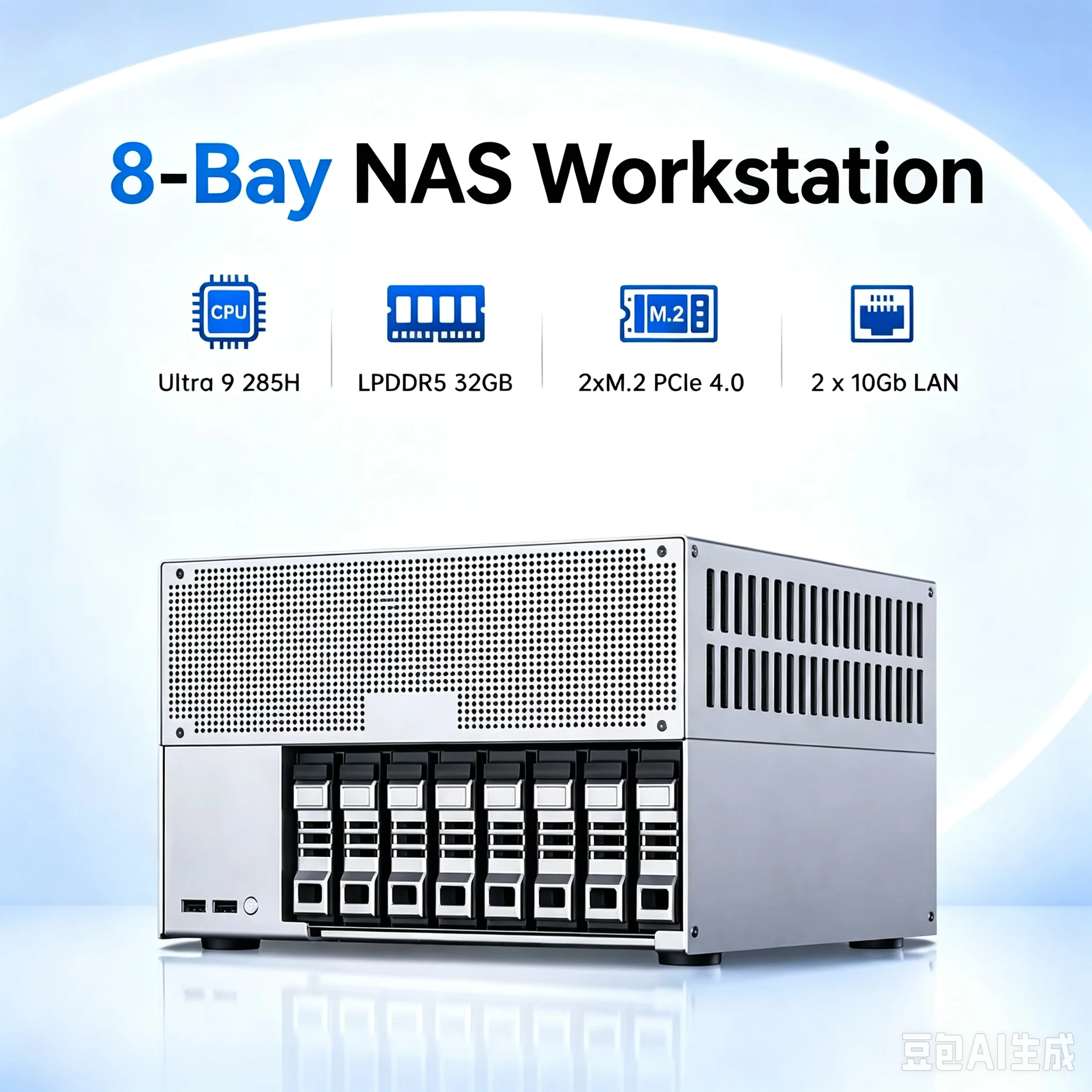 Msecore 8-Bay NAS Intel Ultra 9 285H 32GB LPDDR5X 8400MHz Dual 10GbE PCIe x8 Arc GPU AI WiFi6E BT5.3 High Performance Diskless
