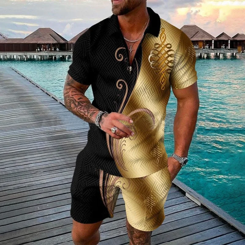 Summer 3D Digital Printed Men's 2 Piece Sets Polo Shirt Shorts Casual Short Sleeve Zipper Shirt Male Beach Trunks Men Outfit