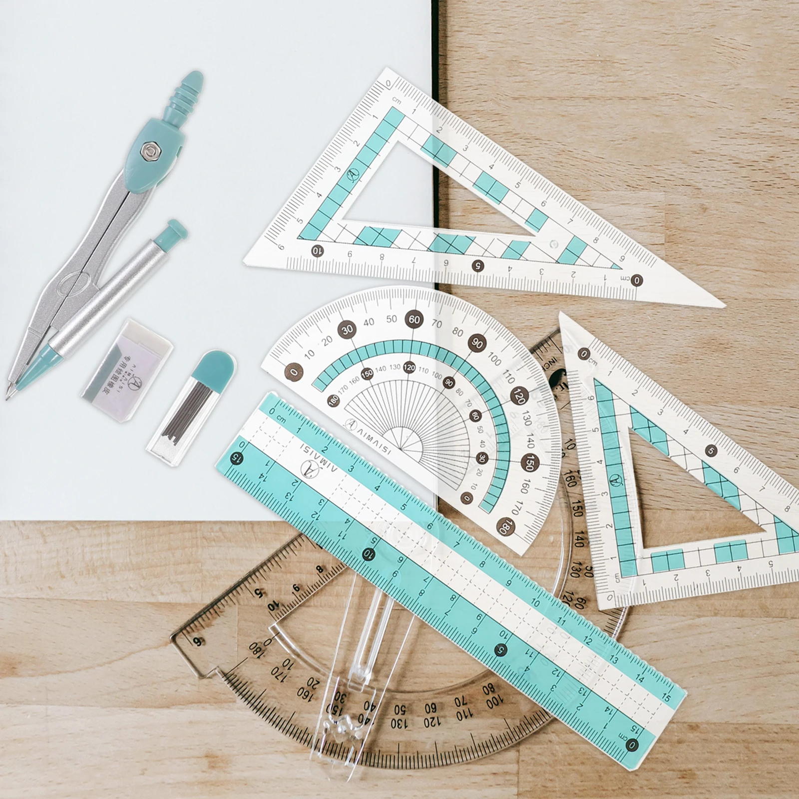 1 set Geometry Set Multi Functional Ruler Kit Blue Protractor Compass Triangle Board Student Office Drawing Tools