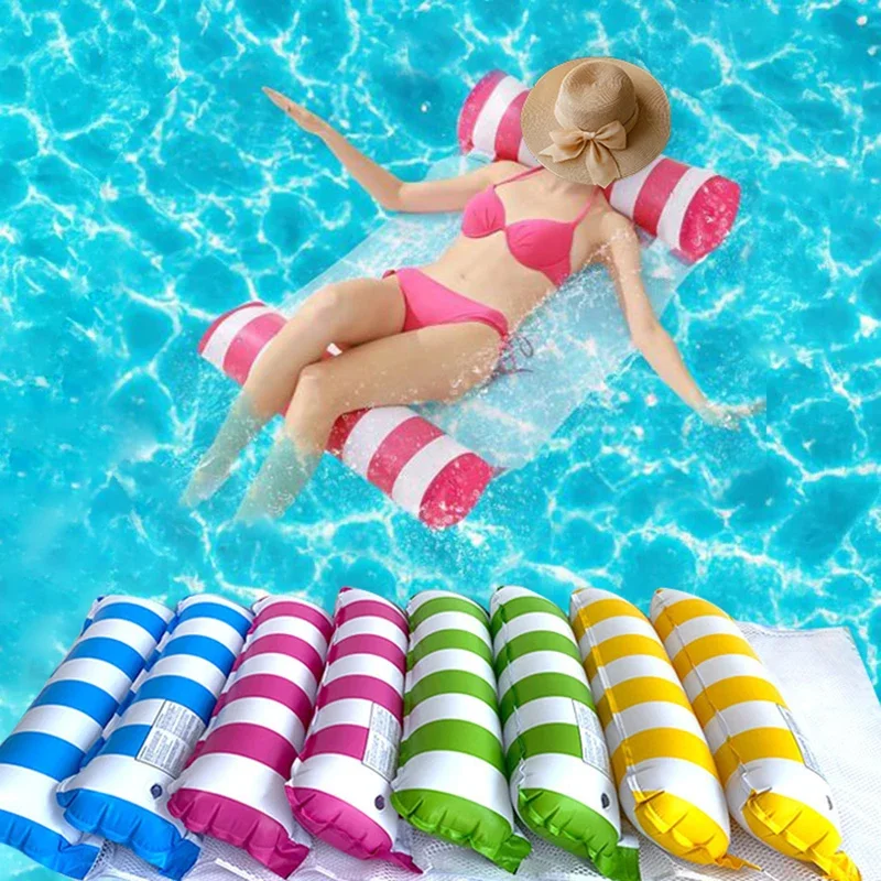 Image of Aufblasbare, faltbare Wasserhängematte mit Netzrückenlehne, PVC-Streifen, schwimmende Liegematratze, tragbare Schwimmliege für Sommerpartys, Strand, Pool, See