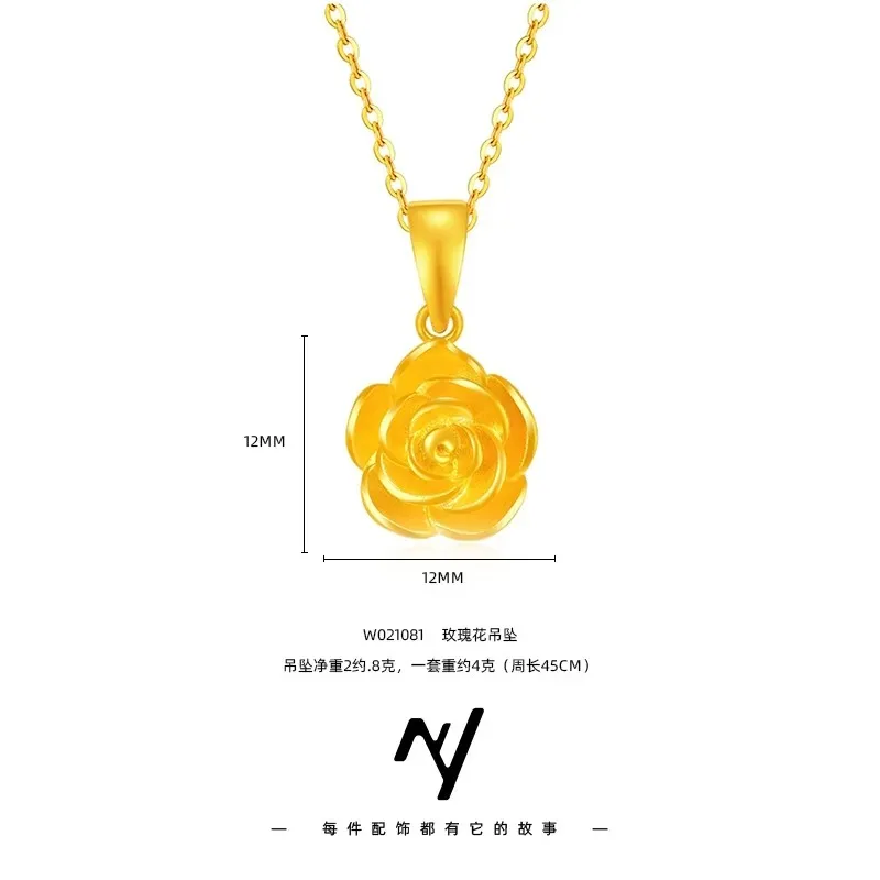 

Zylax Jewelry Luxury 24K 9999 Pure Gold real gold Women's Romantic Small Rose Flower Pendant Flower Collarbone Necklace