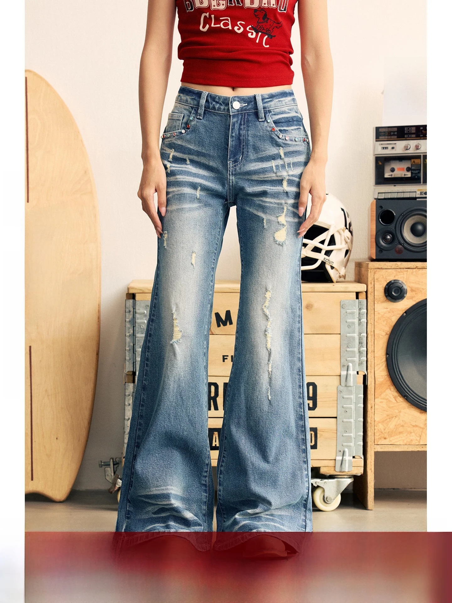 

BeerBro Heavy Du Waed Rhinestone Rivet Slim Fit Micro Flared Jeans Music Festival Celebration Low Waist Cotton Denim