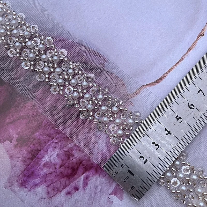 1 Yard Pearl Beaded Trim Bridal Lace Ribbon Embroidered Beads Applique Trim Straps for Crafts Sewing Wedding Dress DIY Fabric