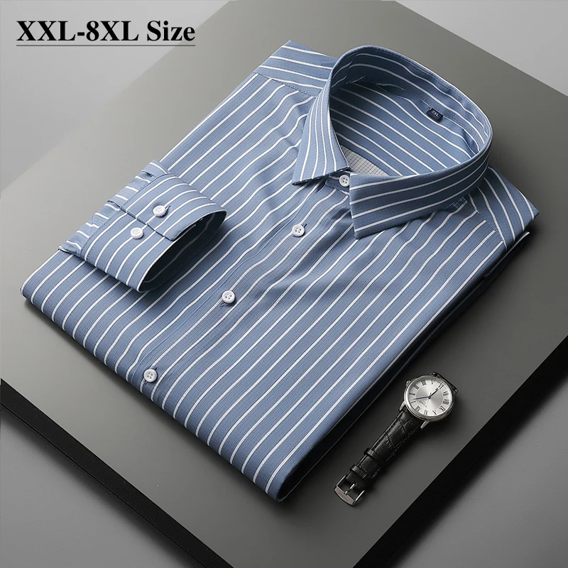 

5XL 6XL 7XL 8XL Men's Large Size Striped Long Sleeve Shirt Mesh Breathable Stretch Fabrics Business Casual Shirt Male Clothing