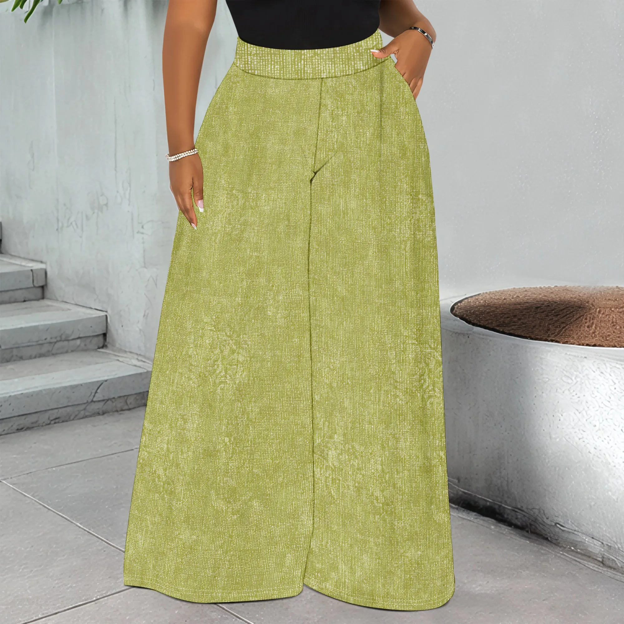 Green Print Wide Leg Pants, Floral Pattern Trousers, High Waist Palazzo Pants, Casual Summer Bottoms for Women, S-3XL