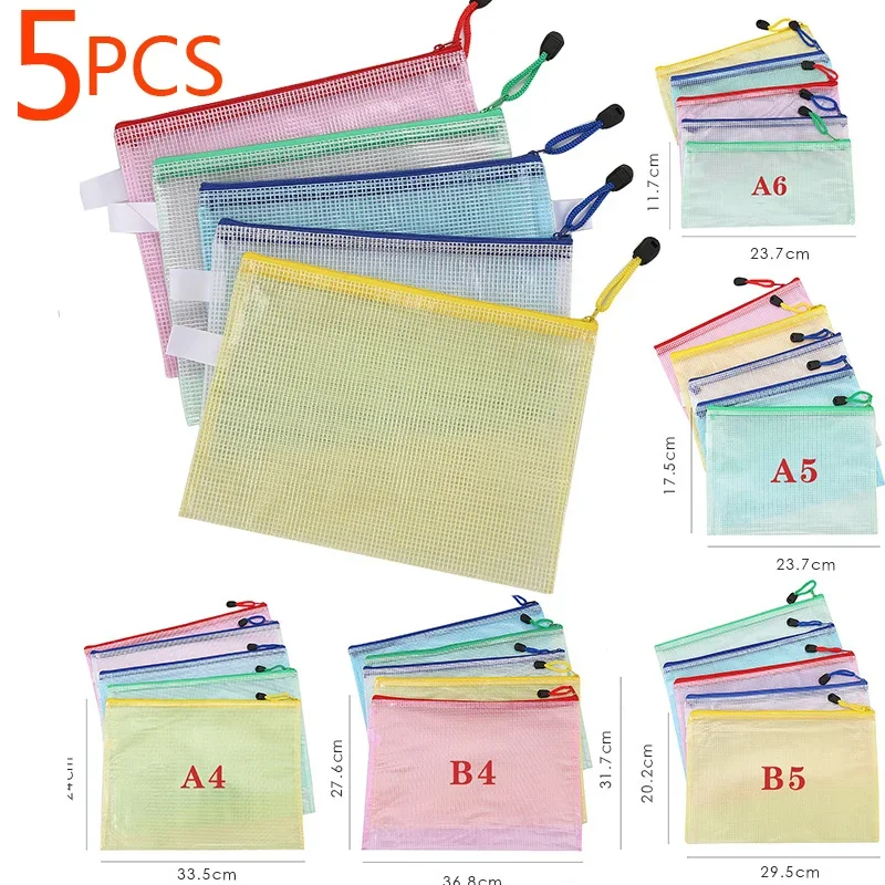 

5PCS Stationery Storage Folder File Mesh Zipper Pouch A4 Document Bag Zip File Folders School Office Supplies